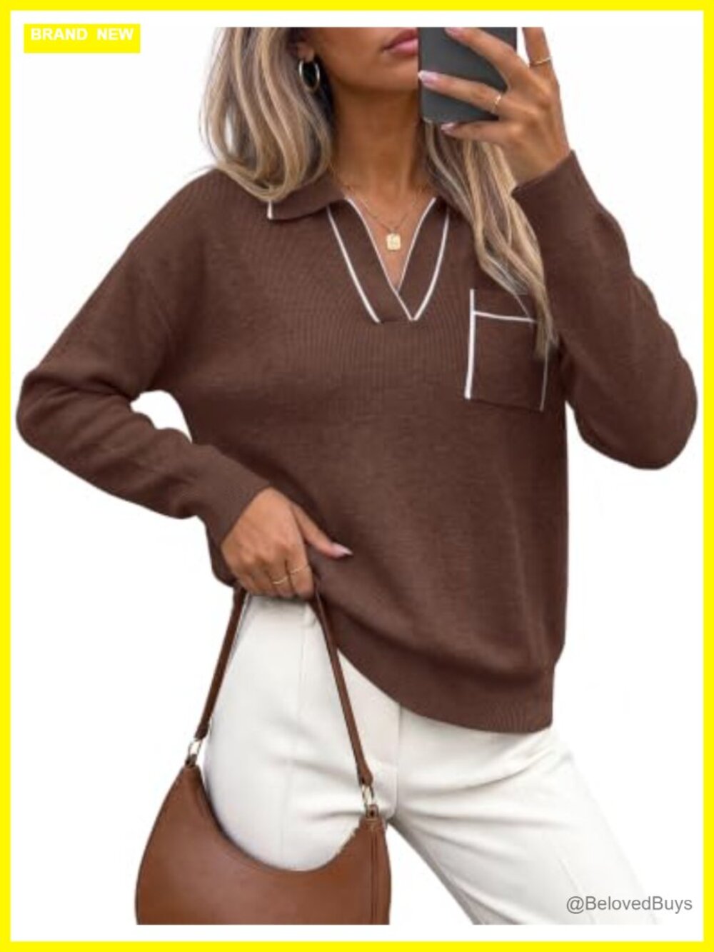 Womens V Neck Polo Sweater Long Sleeve Knit Pullover Business Casual